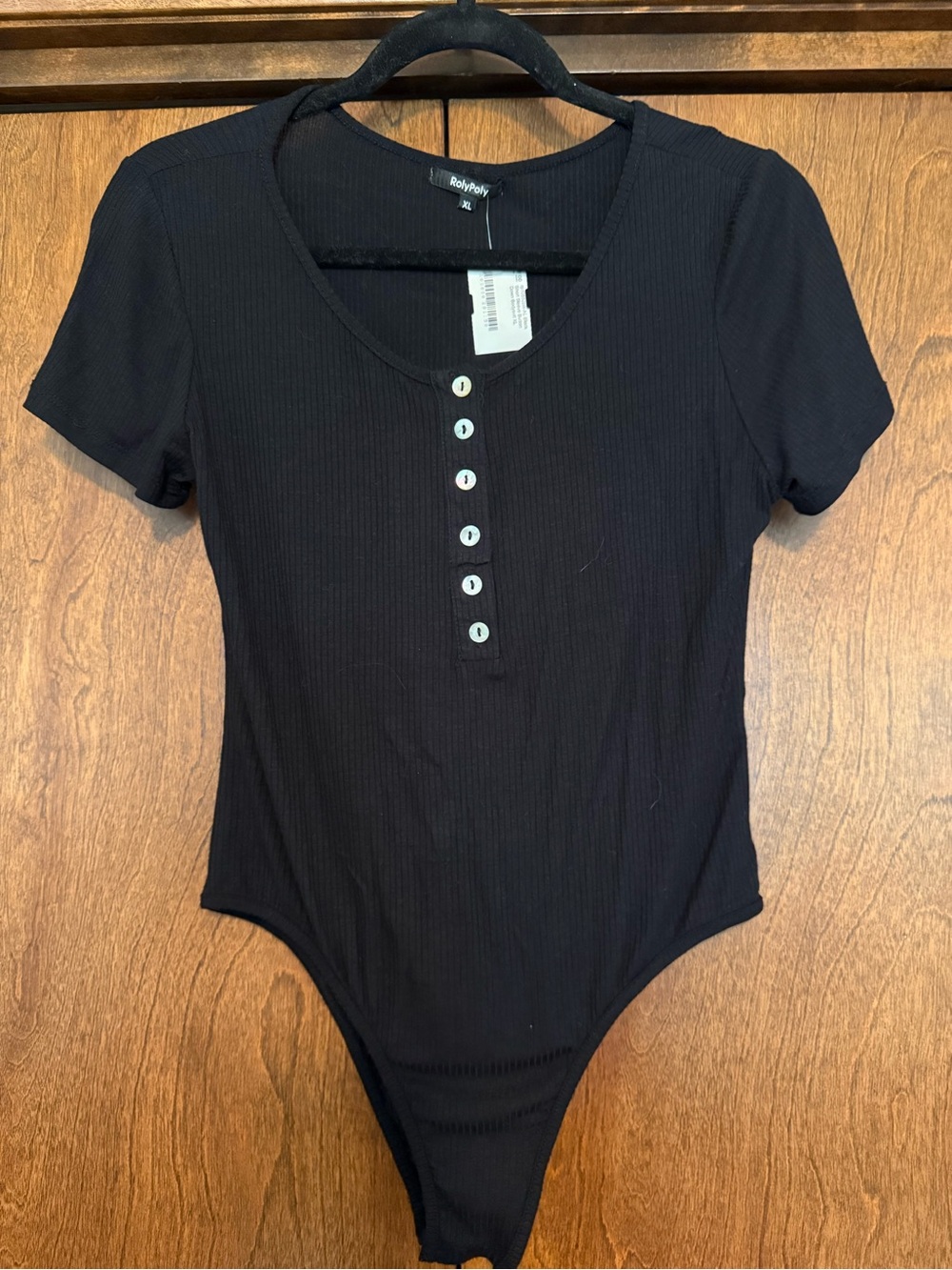 Ribbed Black Short-Sleeve Button Down Bodysuit